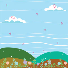 Mountain view, flowers, clouds, hearts filling the sky. bright summer light blue sky.