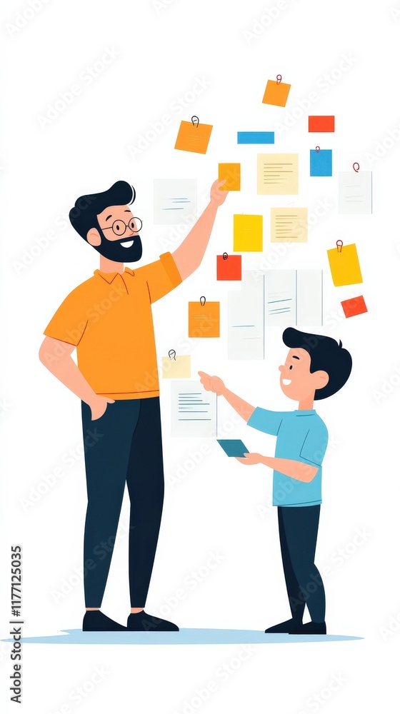 Aufkleber father and son collaborating on a creative project with colorful sticky notes and documents displaye