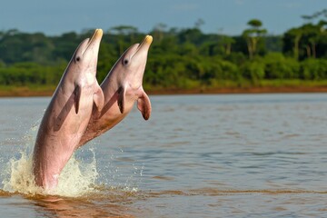 Fototapeta premium A pair of pink river dolphins breaching the surface of the Amazon River, their sleek bodies shimmering.