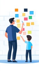 Obraz premium Father and son engaging in creative brainstorming activity together, collaborating on colorful sticky notes for a project at home or school, encouraging teamwork and communication skills.