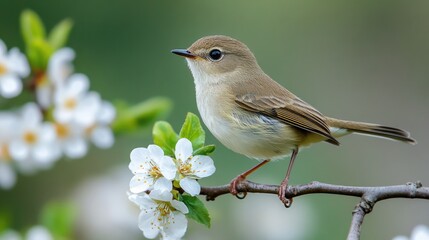 Fototapeta premium A warbler surrounded by blossoms on a flowering branch in a spring garden. Vivid colors and delicate greenery.