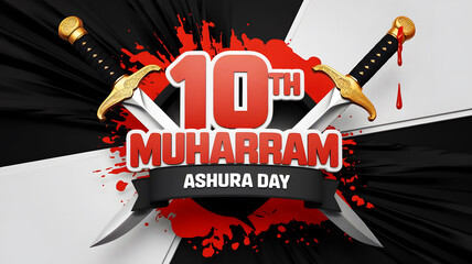 10th Muharram ashura day text on black background with sword, banner vector, card, word.