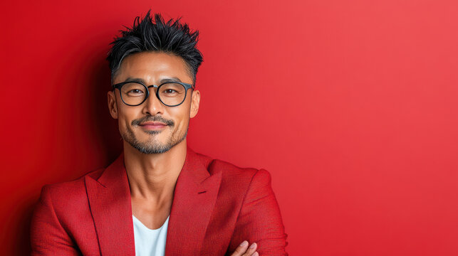 Stylish Asian man in red blazer with glasses against red background - Powered by Adobe