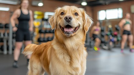 The dog eagerly follows its owner around the gym, excitedly wagging its tail as it watches each exercise being performed