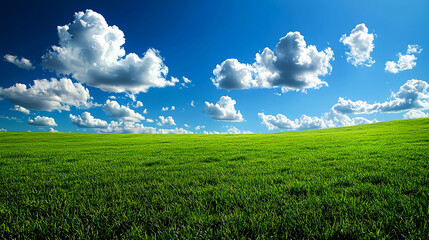 Obraz premium Serene Landscape: Rolling Green Field Under a Vivid Blue Sky with Fluffy White Clouds. A picturesque summer scene, perfect for nature lovers and desktop backgrounds.