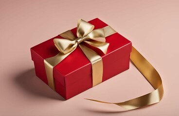 Obraz premium Bright red gift box with a shiny gold ribbon tied in an elegant bow