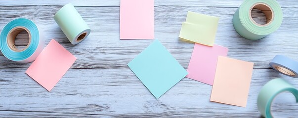 A flat lay of pastel-colored sticky notes and washi tape rolls on a wooden surface