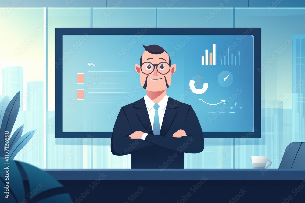 Aufkleber professional businessman with glasses and mustache standing confidently in modern office environment