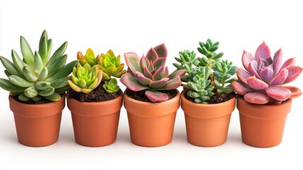 Fototapeta premium A group of small succulents in clay pots, featuring colorful varieties like echeveria and sedum, on a white background.