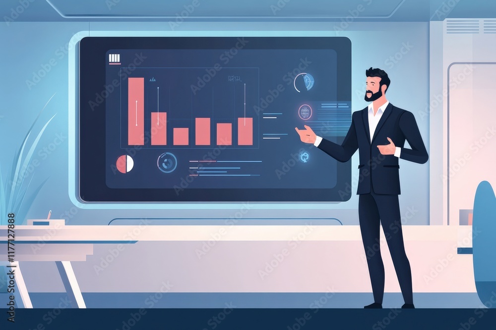 Poster professional businessman presenting data in modern office with digital display, focused on growth me