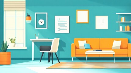 Bright and Modern Living Room Interior Design with Orange Sofa, Minimalist Decor, and Stylish Furniture Against a Vibrant Teal Background