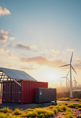 Solar panels and wind turbines near container at sunset, renewable energy power plant, sustainable future