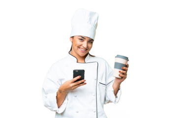 Young woman Chef over isolated chroma key background holding coffee to take away and a mobile