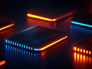 Futuristic glowing panels with vibrant blue and orange lights, creating dynamic atmosphere
