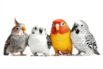 Colorful parakeets perched on white background