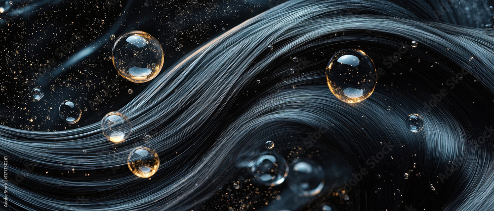 Poster floating bubbles on shiny black strands create mesmerizing effect