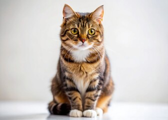 Adorable Miniature Cat Sitting on White Background - Tilt-Shift Photography