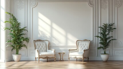 A luxurious classic interior featuring ornate white armchairs and elegant decor with soft natural lighting.