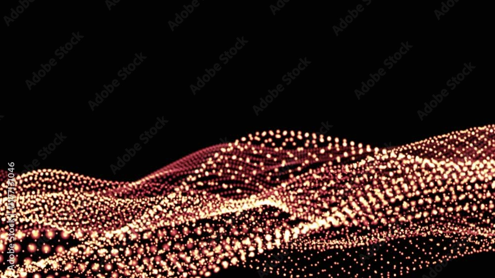 Poster waves of white and red particles dots seamless loop. 3d animation