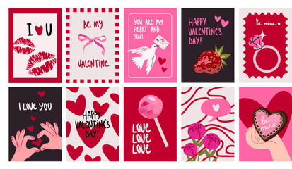 Cartoon posters for St. Valentine's Day in trendy retro style. Hand drawn hearts, sweets, love, gifts. Cute simple poster, greeting card, cover. 