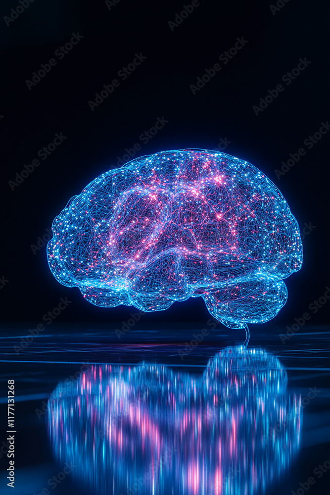 Aufkleber Neon Digital Brain with Futuristic Neural Network Visualization