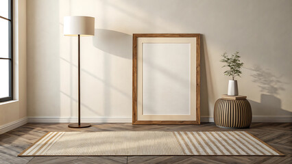 Neutral interior design with framed poster mockup, rug, and modern decor accents.