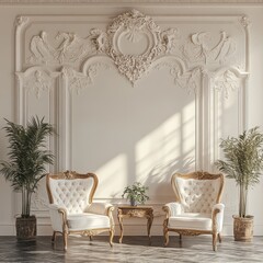 A luxurious classic interior featuring ornate white armchairs and elegant decor with soft natural lighting.