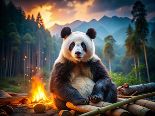 Obraz premium Adorable Panda Bear Relaxing by a Cozy Campfire, Candid Wildlife Photography