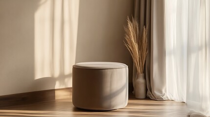 Velvet storage ottoman with a minimal design placed in a quiet nook