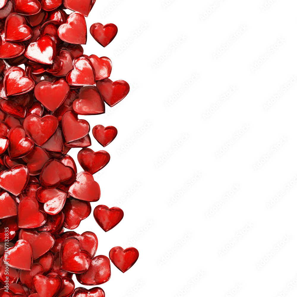 Aufkleber A cluster of shiny red heart shapes arranged along the left side of a white background leaving ample space for text or design.