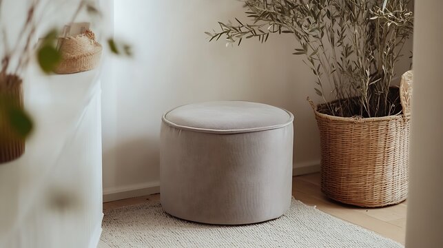 Velvet storage ottoman with a minimal design placed in a quiet nook