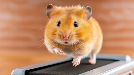 A cute little hamster running on a tiny treadmill in a bird's eye view photo, showcasing its adorable and funny exercise routine for pet fitness.