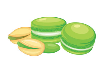 Pistachio macarons and pistachio nuts vector illustration. Green french macaroons icon vector isolated on a white background. Green macarons and pistachio nuts drawing