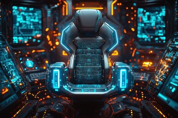 Empty pilot seat in futuristic spaceship cockpit with glowing screens and controls
