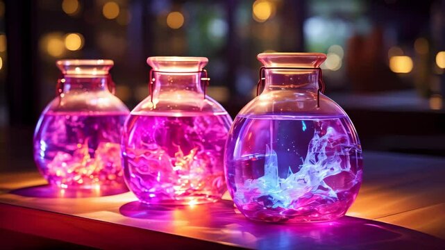 video of Neon, contrast flasks on the table in laboratory. luminophore