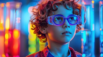  A young boy with wild hair and goggles, immersed in playing with vibrant liquids in a lab, captured in 32k uhd with mesmerizing colorscapes. 