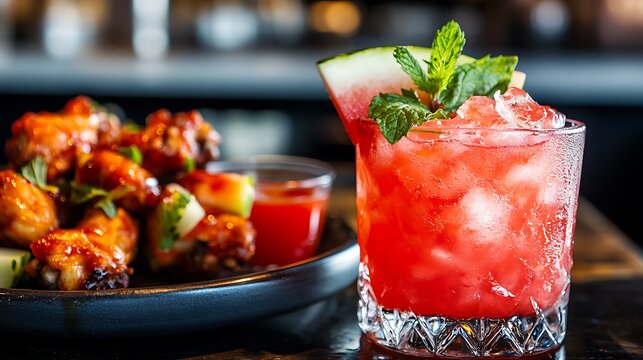 Watermelon cocktail with mint leaves and a plate of chicken wings with hot sauce