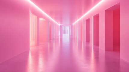 A bright and modern gallery with pops of pink lighting, evoking creativity and futuristic art styles.