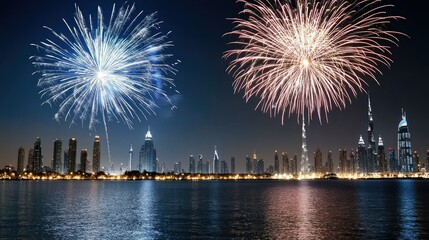 Fireworks light up the skyline, marking the New Year with dazzling colors and reflections over calm waters below