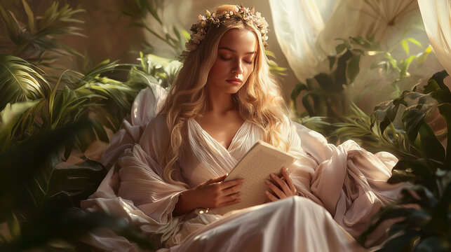 Virgo queen, wise and composed, in a gown of soft lavender and ivory. Her crown is adorned with delicate flowers, and she holds a scroll of wisdom in her hands. She sits in a minim
