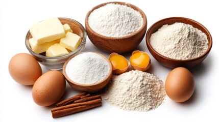 A set of baking ingredients, including flour, sugar, eggs, and butter, isolated on a white background.