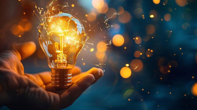 A hand holding a glowing lightbulb representing the spark of creativity the excitement of a new idea and the drive for innovation and progress  This image conveys the concept of enlightenment