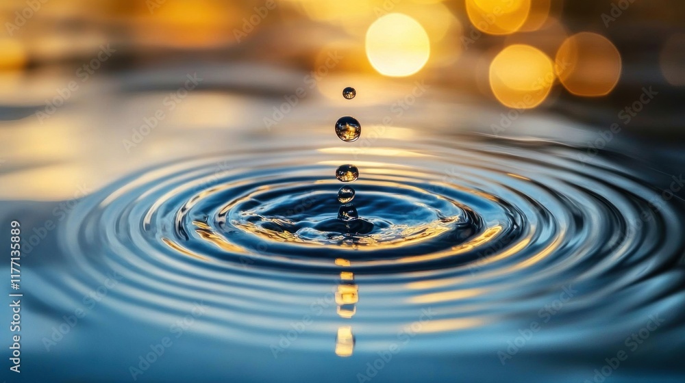 Poster water droplet falling, creating concentric ripples on calm water surface with bokeh background.