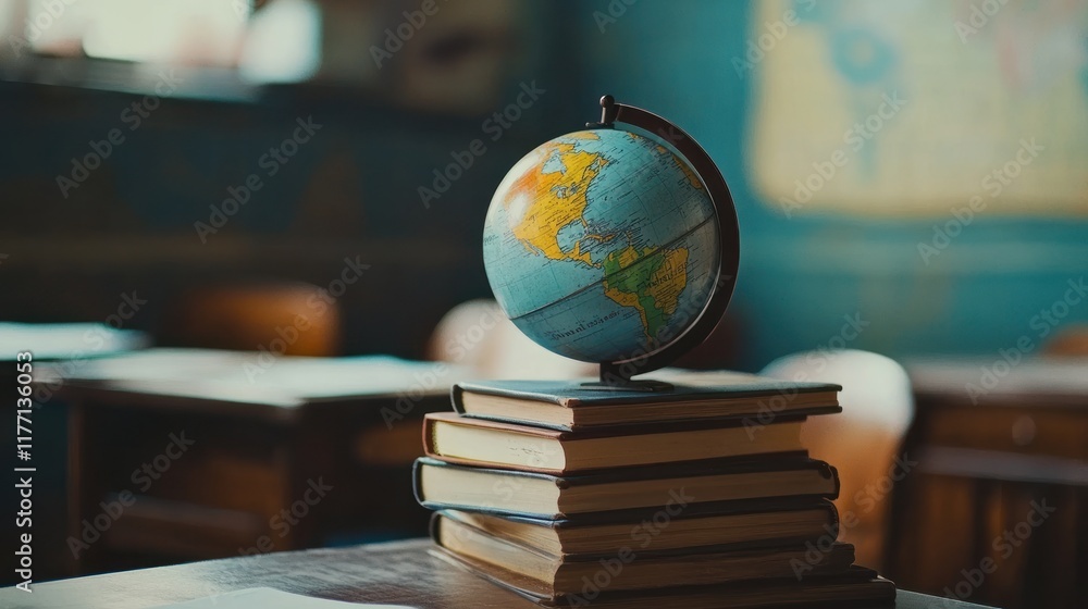 Poster a globe resting on a stack of books in a classroom