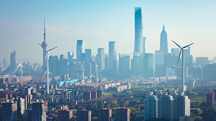 Fototapeta premium Breathtaking aerial view of a modern bustling cityscape featuring a skyline of towering skyscrapers glass and steel high rise buildings and wind turbines harnessing renewable energy in the foreground