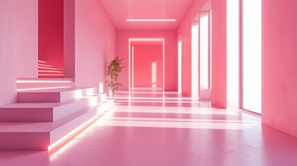 Obraz premium A bright and modern gallery with pops of pink lighting, evoking creativity and futuristic art styles.
