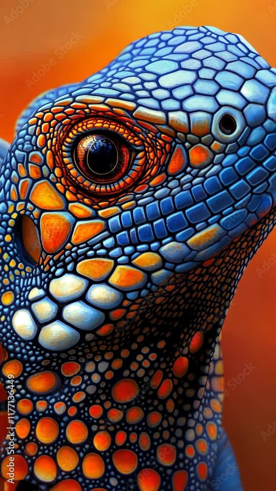 Poster colorful close-up of a vibrant lizard displaying intricate patterns and textures under warm lighting