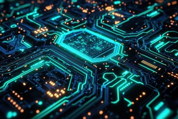 Fototapeta premium Glowing CPU on circuit board with intricate connections, processing data (1)