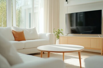 Modern living room with cozy seating and large TV in a bright, airy space during daylight hours