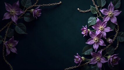 Dramatic Purple Clematis and Gold Chain Frame on Dark Green Background with Copy Space